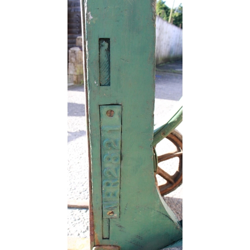 1211 - C20th N.E.R. painted green 2 wheeled heavy duty luggage trolley, with cast metal plaque 'NER2821', L... 