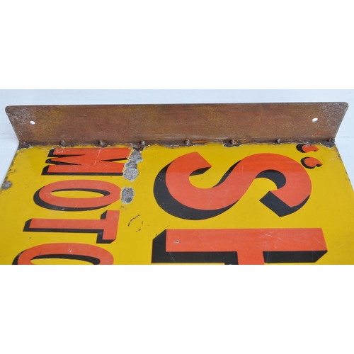 28 - Vintage enamel double sided plate steel advertising sign for Shell Motor Oil with welded 90 degree h... 