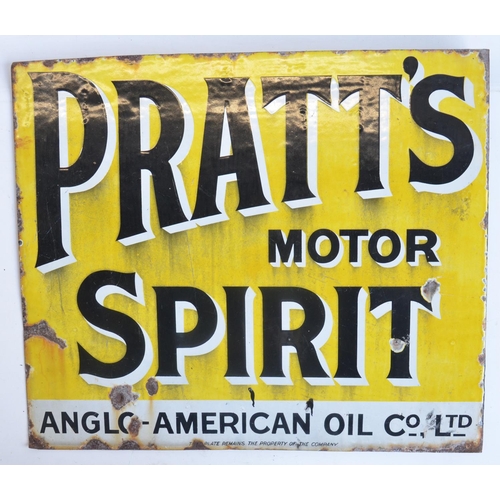 46 - Vintage enamel double sided plate steel advertising sign for Pratt's Motor Spirit with 90 degree att... 