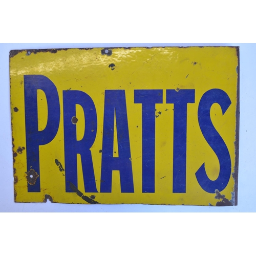 47 - Vintage painted double sided plate steel advertising sign for Pratt's with 90 degree attachment flan... 