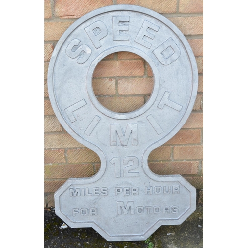 37 - Relief cast metal alloy Speed Limit 12 Miles Per Hour For Motors warning sign, 91x55cm