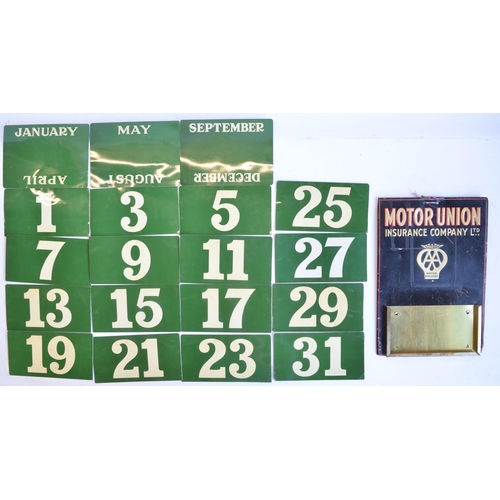 39 - Vintage metal plate Motor Union Insurance Company Ltd wall hanging calendar with full set of months ... 