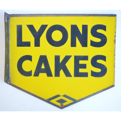 49 - Double sided plate steel enamel advertising sign for Lyons Cakes with right angled attachment flange... 