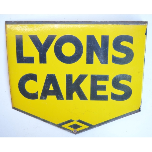 49 - Double sided plate steel enamel advertising sign for Lyons Cakes with right angled attachment flange... 