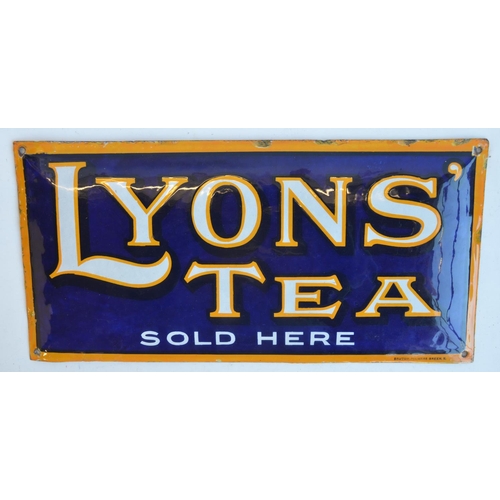 51 - Single sided pressed steel plate enamel advertising sign for Lyons' Tea Sold Here, 49x24cm