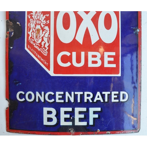 57 - Single sided plate steel enamel advertising sign for Oxo Cube Concentrated Beef, 31.1x47.1cm