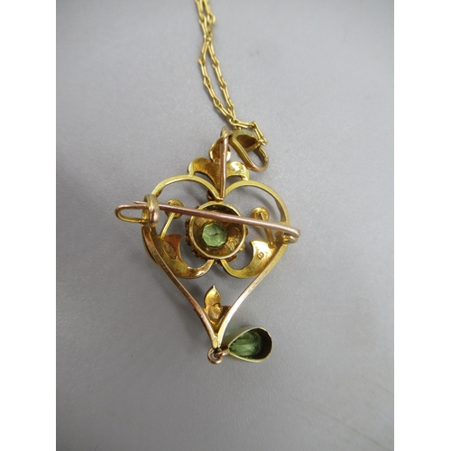 13 - 9ct yellow gold Edwardian drop pendant set with peridot and seed pearls, stamped 9ct, on 9ct yellow ... 