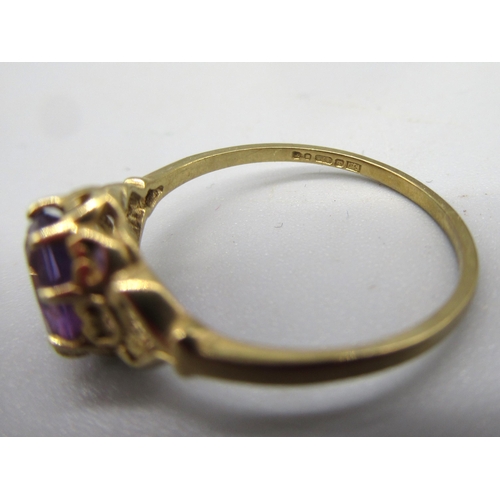 20 - 9ct yellow gold ring set with single pearl, size L, a 9ct ring set with purple stone, size P, and a ... 