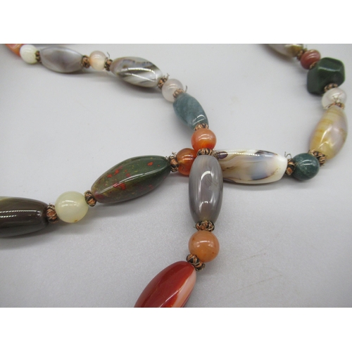 2 - Polished stone beaded necklace made up of mixed stones including bloodstone, agate, quartz etc.