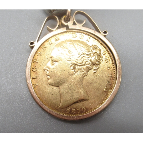 8 - Victorian 1870 sovereign in 9ct yellow gold mount, stamped 9ct, on hallmarked Sterling silver double... 