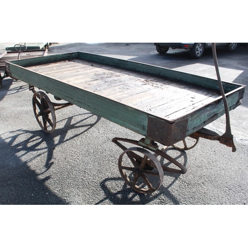 1214 - C20th 4 wheeled leaf sprung rail cart, with cast wheels 2 small 2 big, single handle pulley, L275cm ... 