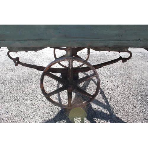 1214 - C20th 4 wheeled leaf sprung rail cart, with cast wheels 2 small 2 big, single handle pulley, L275cm ... 