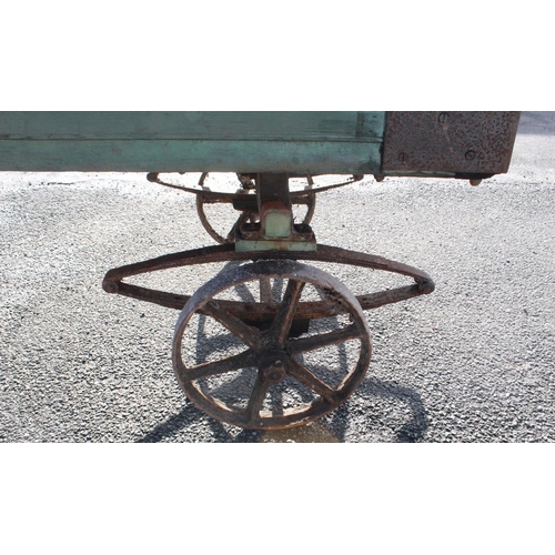 1214 - C20th 4 wheeled leaf sprung rail cart, with cast wheels 2 small 2 big, single handle pulley, L275cm ... 