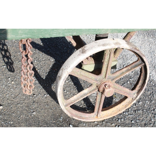 1216 - C20th N.E.R. 4 wheeled train cart, with sprung rear axle, double handled pulley, cast plaque 'NER127... 