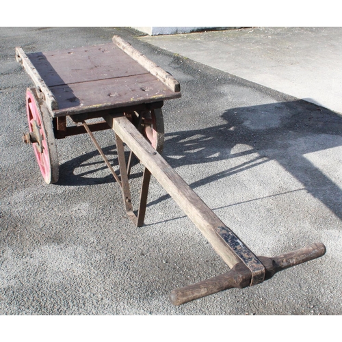 1219 - C20th NER 2 wheeled double handled hand cart, with coopered wheels and North Eastern Railway Hub, ov... 