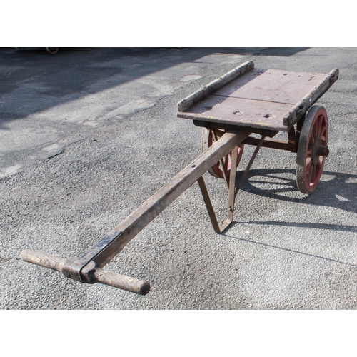 1219 - C20th NER 2 wheeled double handled hand cart, with coopered wheels and North Eastern Railway Hub, ov... 