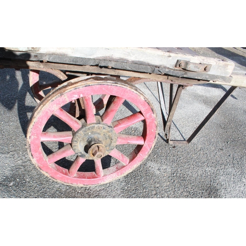 1219 - C20th NER 2 wheeled double handled hand cart, with coopered wheels and North Eastern Railway Hub, ov... 