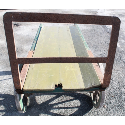 1220 - C20th heavy duty luggage porters trolley, with leaf spring suspension and coopered wheels, L196cm W6... 