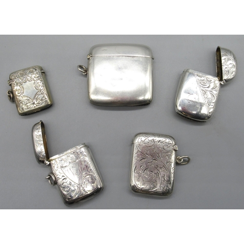 64 - Hallmarked Sterling silver vesta without decoration, by William Aitken, Chester, 1902, and four othe... 