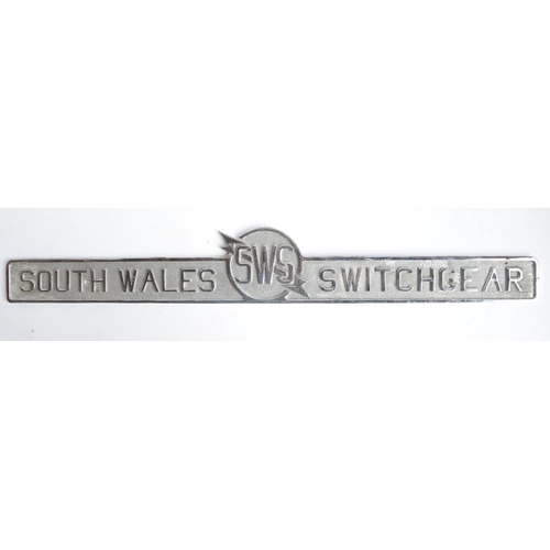 314 - Heavy cast metal relief text South Wales SWS Switchgear transformer plaque, W91.1cm