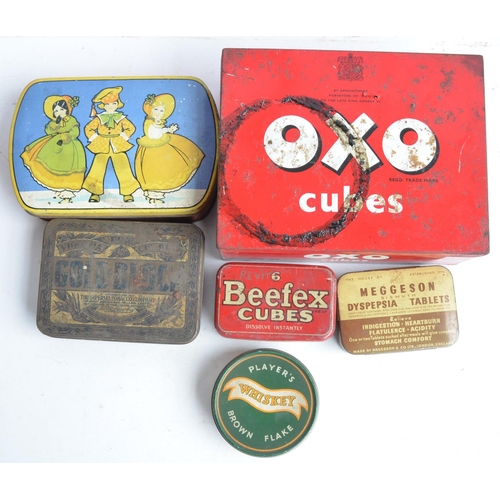 279 - Collection of mostly vintage tins to include Benson's Potato Crisps, OX), Hacks sweets etc, 2 large ... 