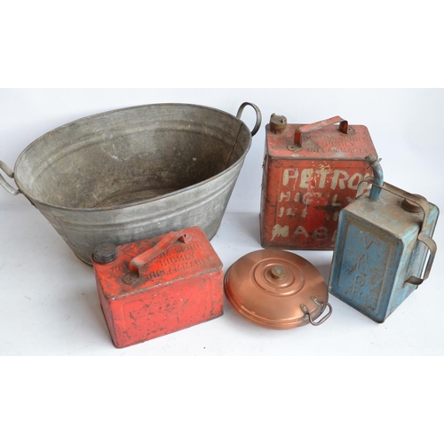 287 - Three vintage oil/fuel cans to include a Valor Esso blue example. Also a galvanised tin bath and a b... 