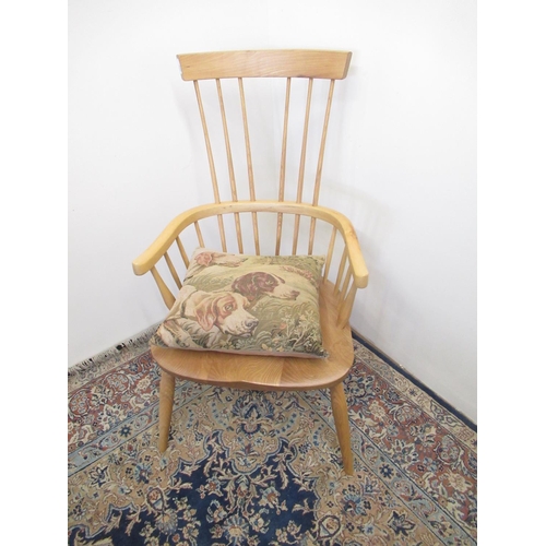 688 - Modern ash and elm comb back Windsor chair with cow horn arms and cushion