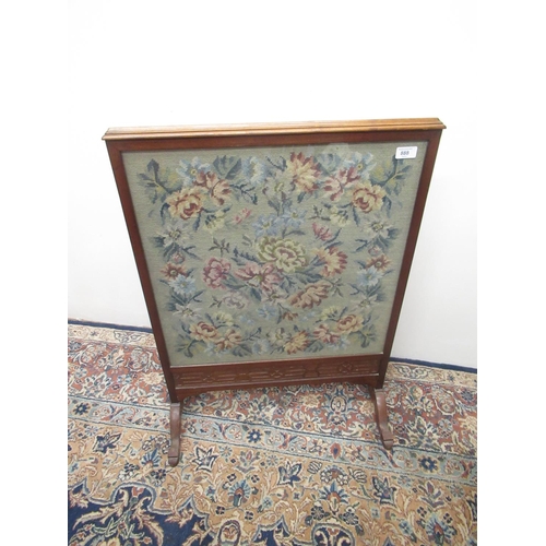 678 - Early C20th fire screen, glazed floral woolwork panel in  mahogany frame on cabriole legs, W60cm H80... 