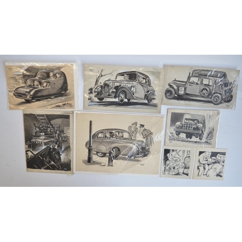 294 - Collection of eight original sketches (mostly on thick card stock) by auto magazine illustrator Geor... 