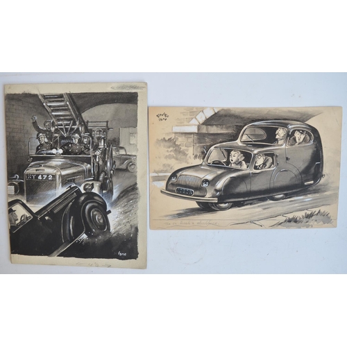 294 - Collection of eight original sketches (mostly on thick card stock) by auto magazine illustrator Geor... 