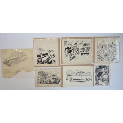 295 - Collection of seven original auto magazine sketches C1940's to include pen and ink drawings by Georg... 