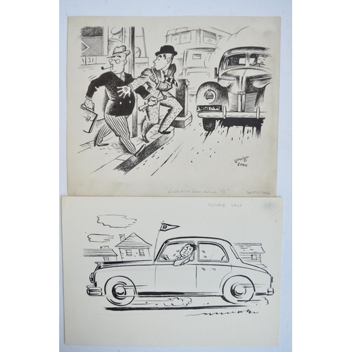 295 - Collection of seven original auto magazine sketches C1940's to include pen and ink drawings by Georg... 