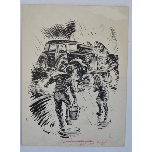 297 - Four pen and ink sketches by George Lane C1940's to early 50's for The Motor magazine to include 'Pu... 