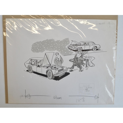 299 - Six original comic pen and ink drawings by cartoonist Arnold Lerner C1970's for Autocar Magazine to ... 