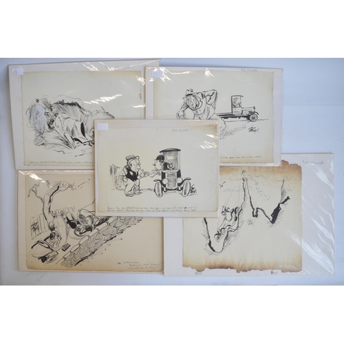 300 - Five original comic pen and ink drawings by auto artist/cartoonist Sid Miller C1920'-30's, (all heav... 