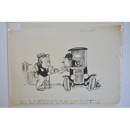 300 - Five original comic pen and ink drawings by auto artist/cartoonist Sid Miller C1920'-30's, (all heav... 