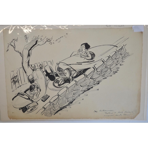 300 - Five original comic pen and ink drawings by auto artist/cartoonist Sid Miller C1920'-30's, (all heav... 