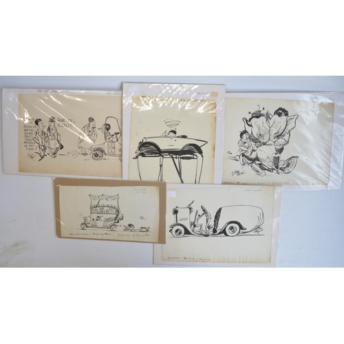 301 - Five original comic pen and ink drawings by auto artist/cartoonist Sid Miller c1920'-30's, (all heav... 