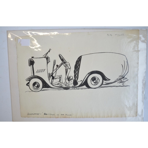 301 - Five original comic pen and ink drawings by auto artist/cartoonist Sid Miller c1920'-30's, (all heav... 