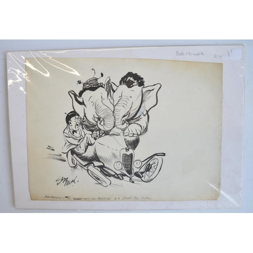 301 - Five original comic pen and ink drawings by auto artist/cartoonist Sid Miller c1920'-30's, (all heav... 