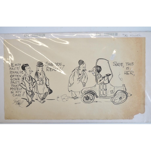 301 - Five original comic pen and ink drawings by auto artist/cartoonist Sid Miller c1920'-30's, (all heav... 