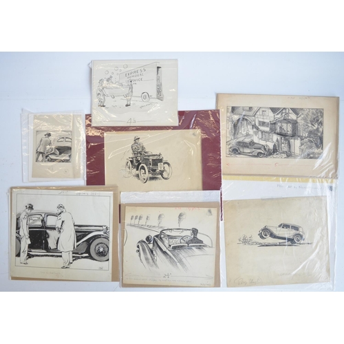 302 - Seven original vintage auto related sketches, various artists c1920's to 40's to include signed and ... 