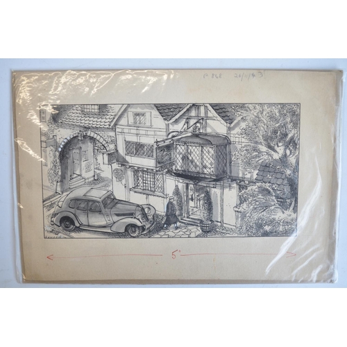 302 - Seven original vintage auto related sketches, various artists c1920's to 40's to include signed and ... 