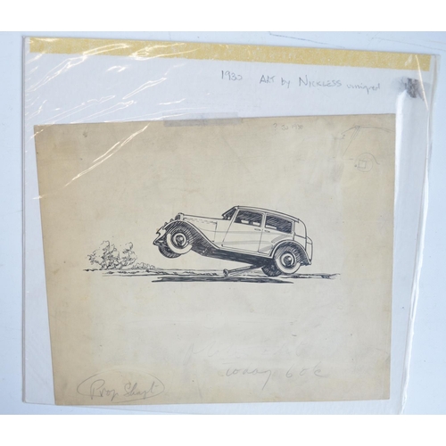 302 - Seven original vintage auto related sketches, various artists c1920's to 40's to include signed and ... 