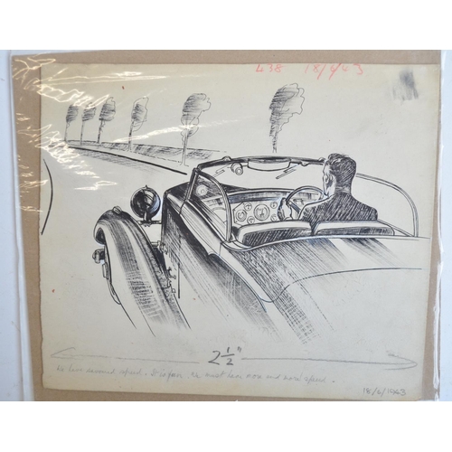 302 - Seven original vintage auto related sketches, various artists c1920's to 40's to include signed and ... 