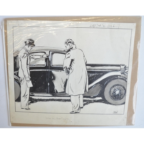 302 - Seven original vintage auto related sketches, various artists c1920's to 40's to include signed and ... 