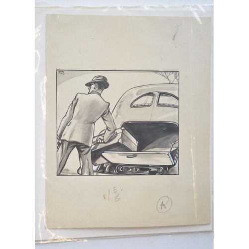 302 - Seven original vintage auto related sketches, various artists c1920's to 40's to include signed and ... 