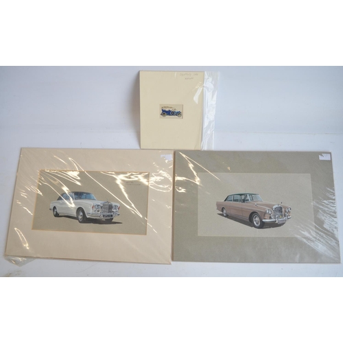 303 - Three original colour auto illustrations to include gouache on board promotional painting of a Rolls... 