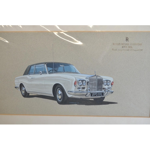 303 - Three original colour auto illustrations to include gouache on board promotional painting of a Rolls... 