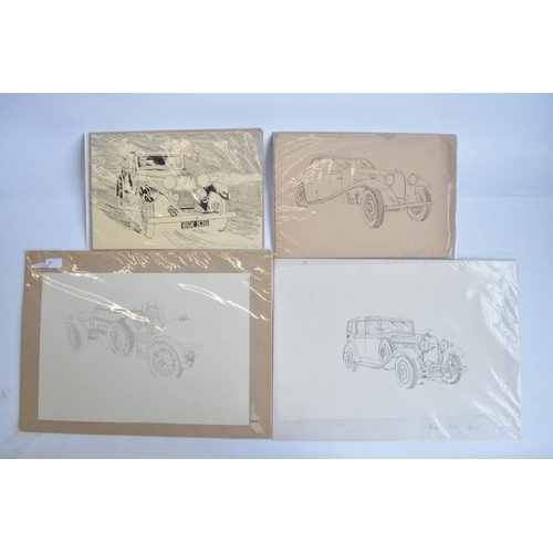 304 - Four pen and ink drawings of vintage automobiles by auto artist Alan Crisp (all unsigned) to include... 